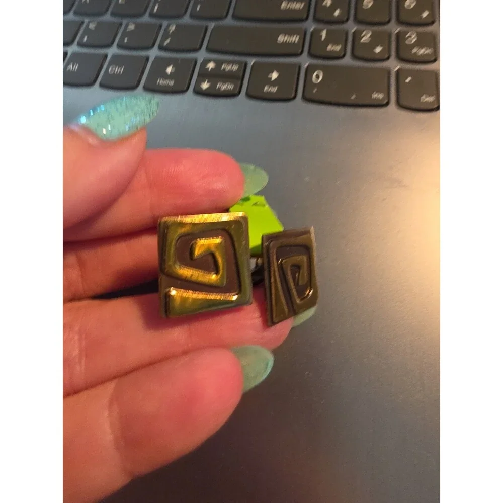 Vtg Mid Century Modern Cufflinks HOGAN BOLAS Modernist Greek Key Brass Enamel